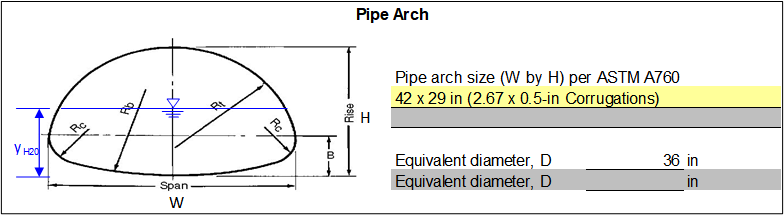 Step 1 of Steel and Aluminum Pipe worksheet: ASTM A760 arch pipe dimensions.